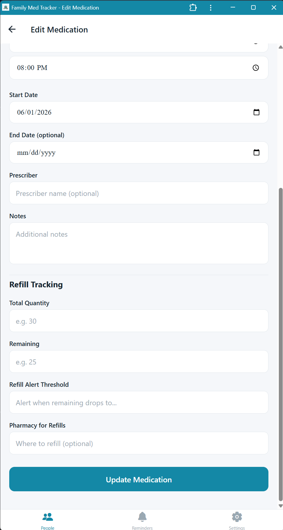Medication form showing refill tracking fields